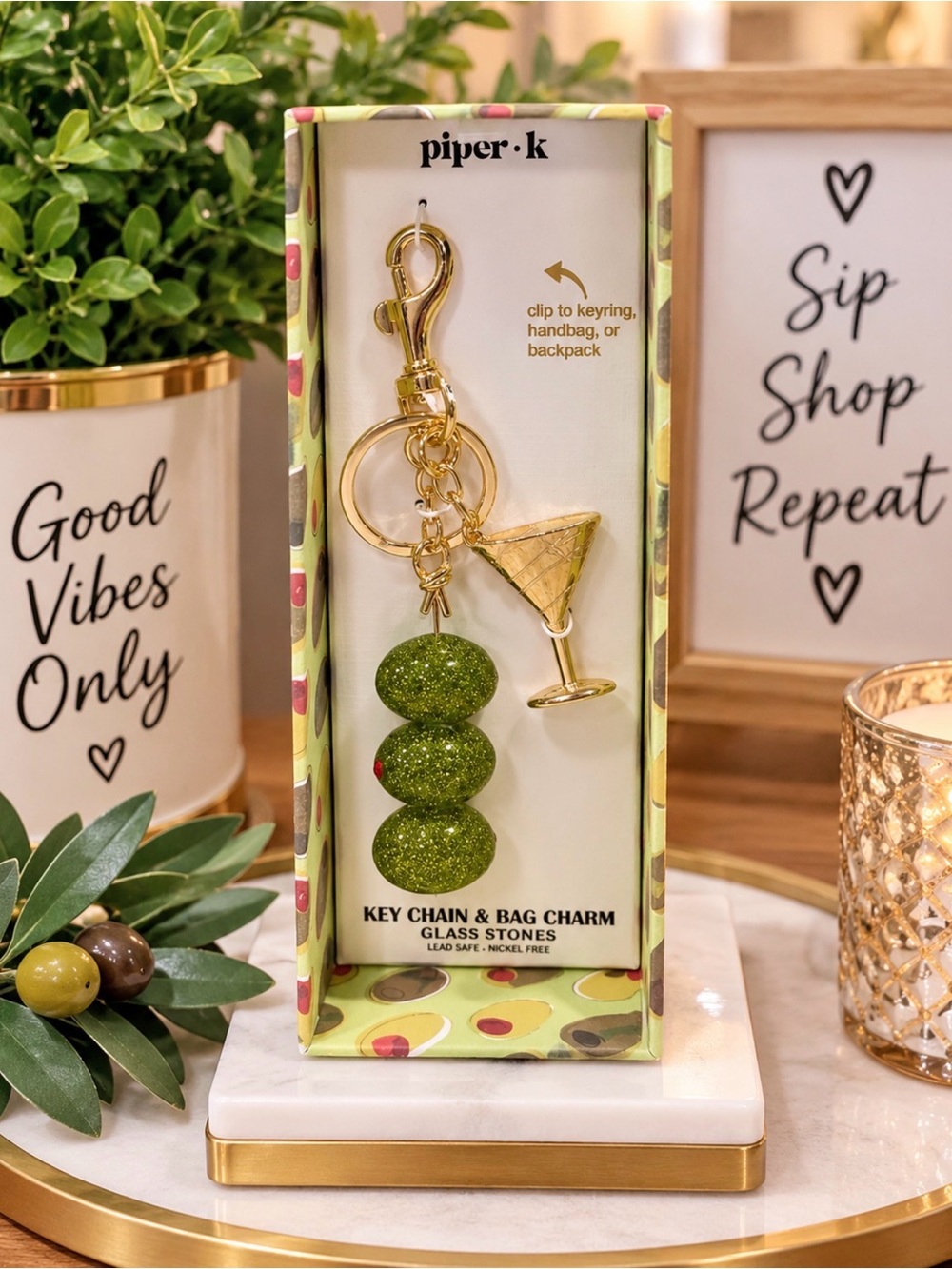 Piper K Viral Green Glitter Olive & Gold Martini Keychain Bag Charm